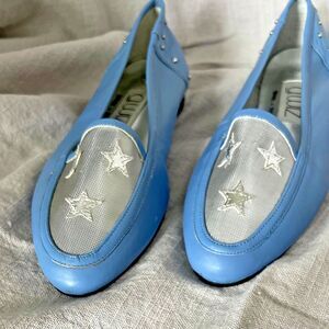 Vtg 80s G. Wiz blue‎ leather loafer flats shoes slip ons silver star mesh 7M